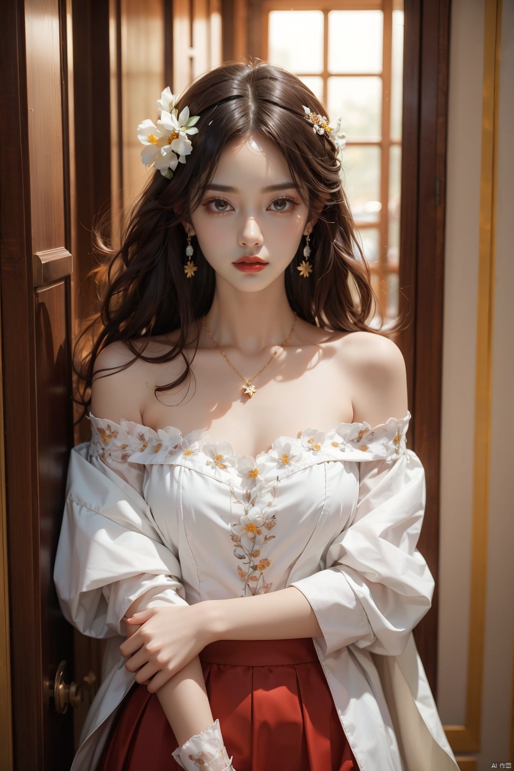  1 girl, jewelry, solo, earrings, long hair, forehead markings, black hair, necklace, bare shoulders, flowers, red lips, hair flowers, upper body, skirt, off shoulder, facial markings, head down, makeup, lips, candles, collarbones, long sleeves, tears streaming down, crying, Tyndall effect, 8k, large aperture, masterpiece of the century, sit, maple leaf, doorway, corridor, Sun on face, (\meng ze\)