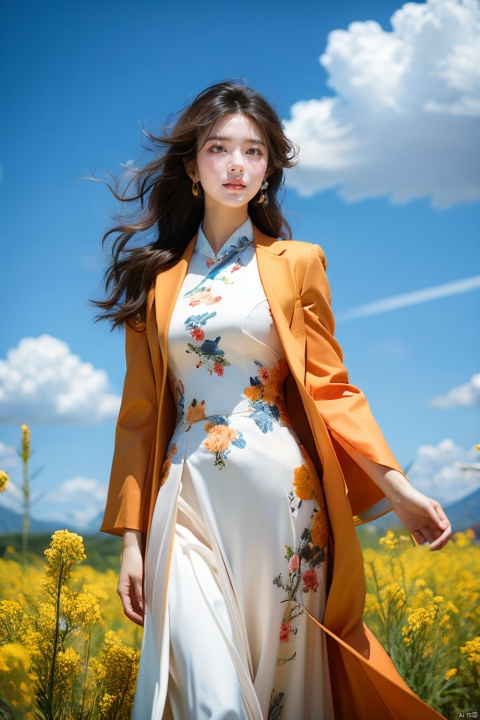  An elegant woman, dressed in an orange suit with wavy hair, stood in a field of flowering rape flowers against a background of blue sky and white clouds. The Breeze made the corners of her clothes and hair flutter slightly, famous artist, Master of light art painting, high definition photography, cover design, xiqing, (\meng ze\), Ink scattering_Chinese style, eluosi