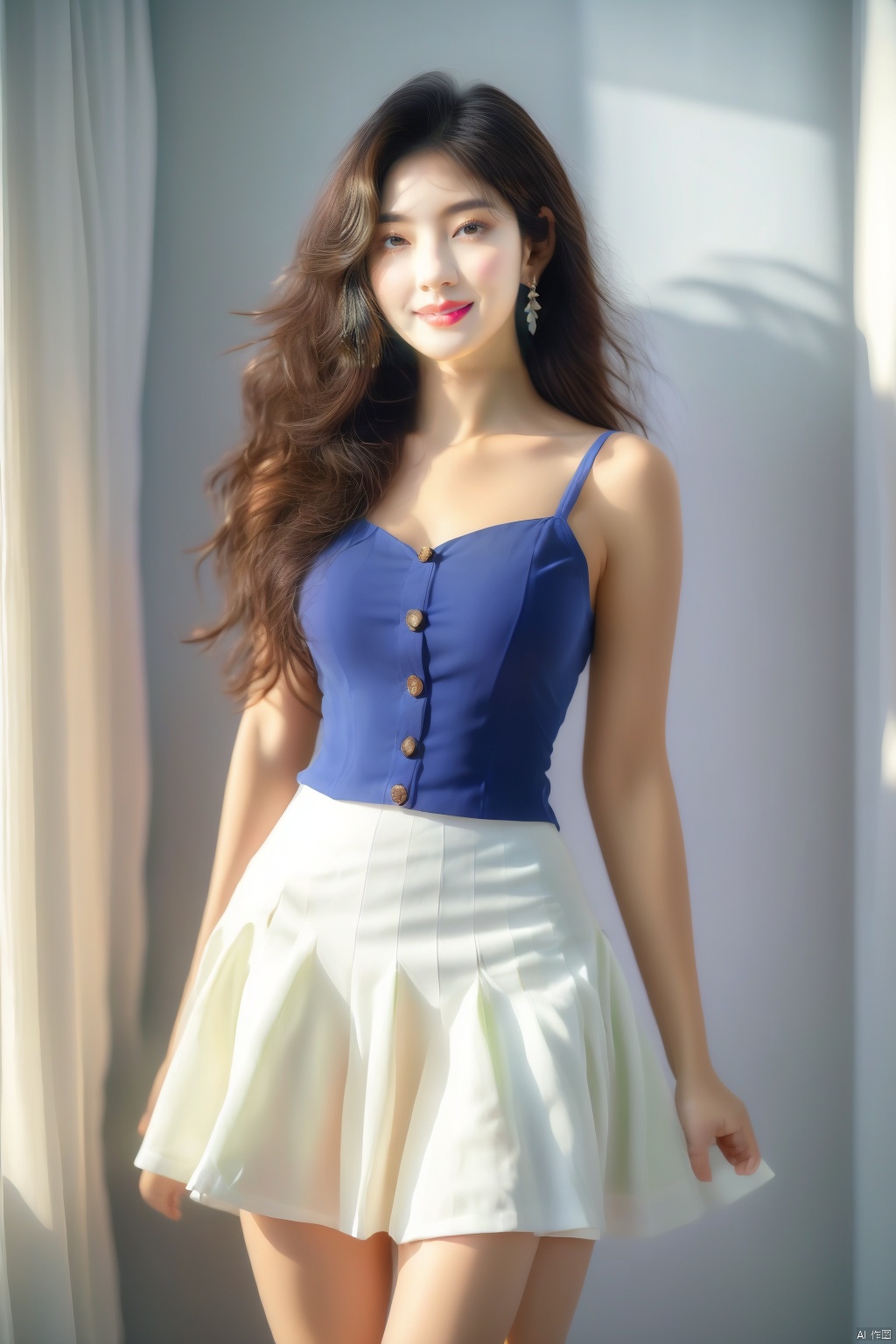  Surrealist beauty portraits, wearing royal blue exquisite jewelry earrings, low cut, white short skirt, half body, hands behind, naughty, smiling, white jk clothes, standing in the flowers, colorful flowers, white tones, facing forward, seductive posture, sunshine, elegant long hair, black hair, air bangs, super clear, 8k.