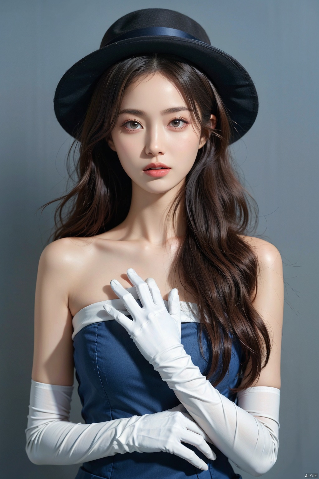  1girl,big breasts,1girl, solo, gloves, dress, long hair, elbow gloves, blue dress, looking at viewer, brown eyes, brown hair, blue gloves, lips, bare shoulders, realistic, upper body, parted lips, black hair, collarbone, hat, grey background,