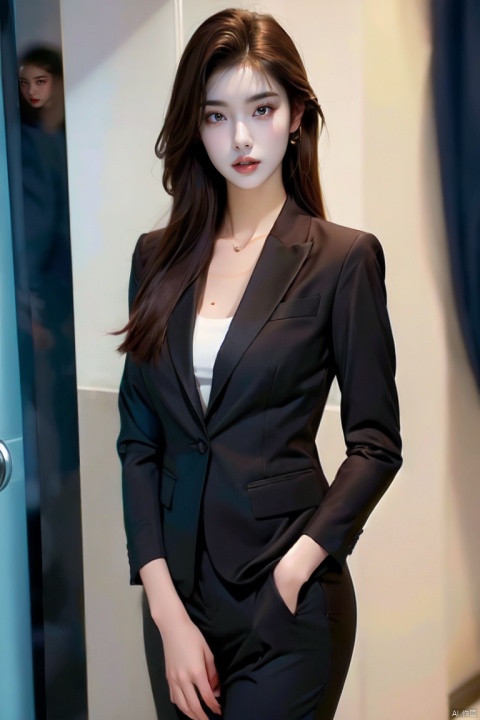  Girl, suit, pretty face, (photo realistic: 1.3) , Edge lighting, (high-detail skin: 1.2) , 8K ultra-hd, DSLR, high quality, high resolution, 8K, best ratio four fingers and one thumb, (photo realistic: 1.3) , wearing a black suit jacket, large breasts,1 girl,yuzu, xiqing, 1girl