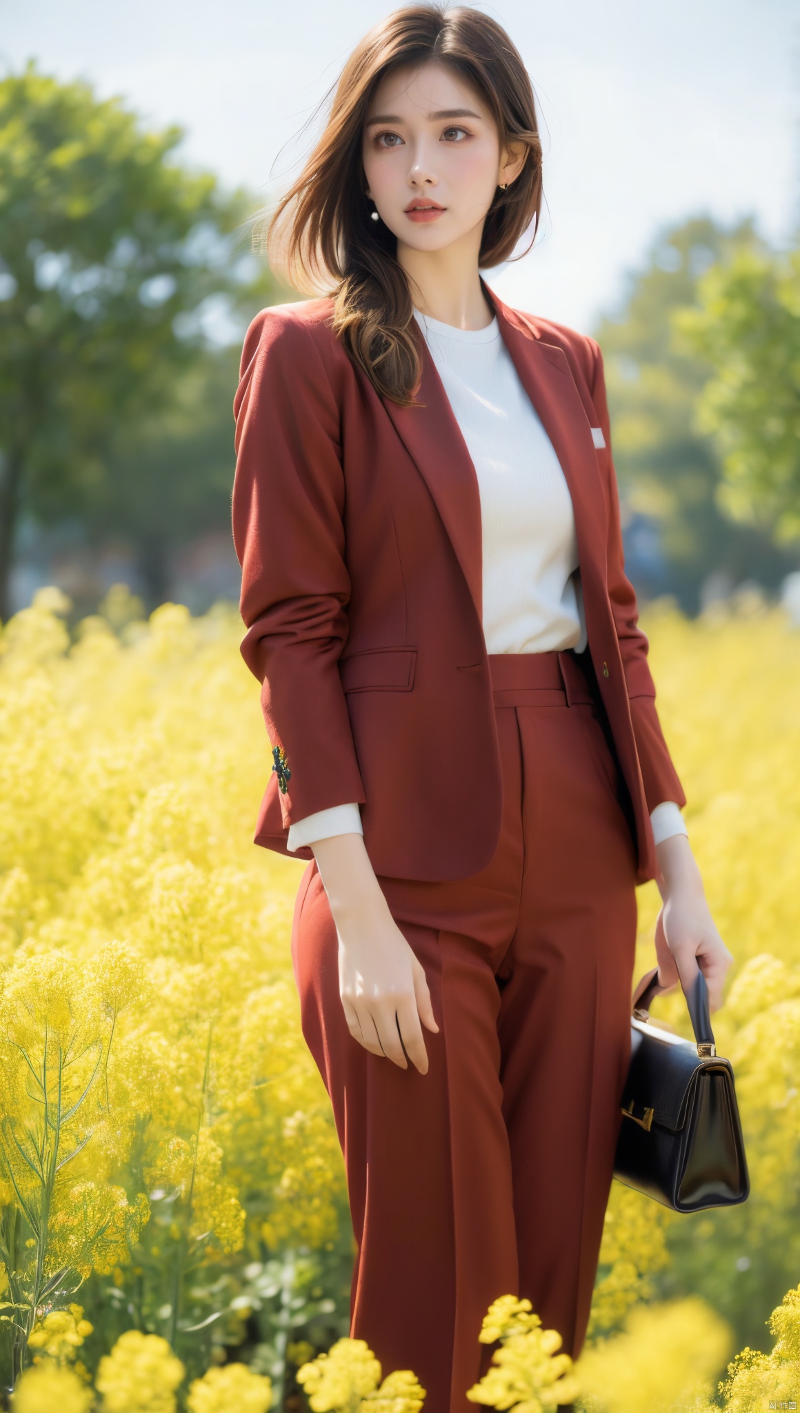 A woman in a red suit, short blond hair, standing gracefully in a field of canola flowers, snowflakes falling from the sky, snowflakes covering the earth, thick snow, a high-definition photo, an elegant woman, dressed in a red suit and blond hair, standing in a rape field, snowflakes falling, Snowflakes falling on the ground, this photo is popular on Artstation by Greg Rutkowski, a photorealist painting by Midtrip.