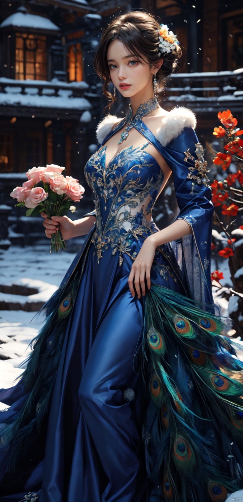  A girl wearing a peacock dress in an outdoor snow scene, holding flowers, with snowflakes falling on her dress and the flowers, full shot body photo of the most beautiful artwork in the world featuring a girl in a peacock dress holding flowers in the snowy outdoors, smiling, freckles, colorful outfit, nostalgia, sexy, heart professional majestic oil painting by Ed Blinkey, Atey Ghailan, Studio Ghibli, by Jeremy Mann, Greg Manchess, Antonio Moro, trending on ArtStation, trending on CGSociety, Intricate, High Detail, Sharp focus, dramatic, photorealistic painting art by midjourney and greg rutkowski.