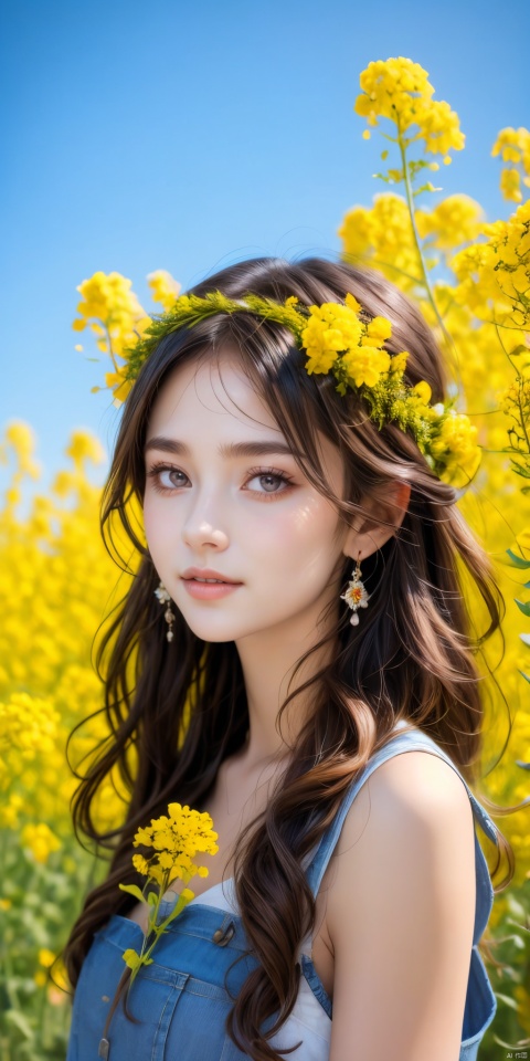 A beautiful young girl taking photos, wearing a delicate flower wreath, surrounded by blooming canola flowers. The background is a simple blend of pure purple and blue, with cinematic lighting that makes the whole scene more vivid and textured. Ultra HD photo of a girl in a flower wreath surrounded by canola flowers, pure purple and blue background, film-level lighting, trending on Unsplash, high quality, sharp focus, vibrant colors, artistic, natural beauty, serene atmosphere, photorealistic image by top photographers, inspired by Pinterest and Instagram.
