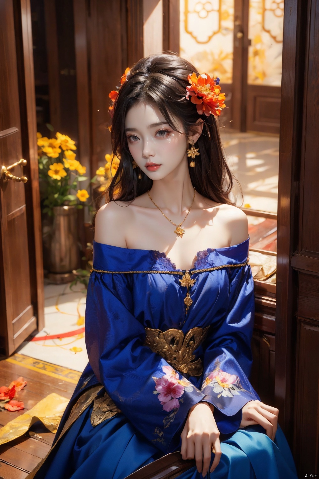  1 girl, jewelry, solo, earrings, long hair, forehead markings, black hair, necklace, bare shoulders, flowers, red lips, hair flowers, upper body, skirt, off shoulder, facial markings, head down, makeup, lips, candles, collarbones, long sleeves, tears streaming down, crying, Tyndall effect, 8k, large aperture, masterpiece of the century, sit, maple leaf, doorway, corridor, Sun on face, (\meng ze\)
