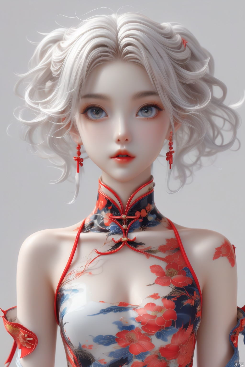  anancq,a girl,red cheongsam,white hair,