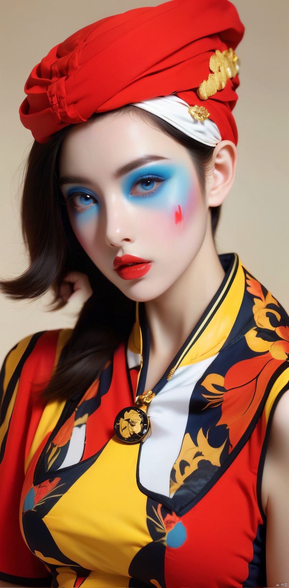  1girl, solo, looking at viewer, blue eyes, hat, upper body, lips, makeup, colored skin, facial mark, lipstick, multicolored clothes, red lips, facepaint, jester cap, colorful, multicolored headwear, clown, Light master, xiqing
