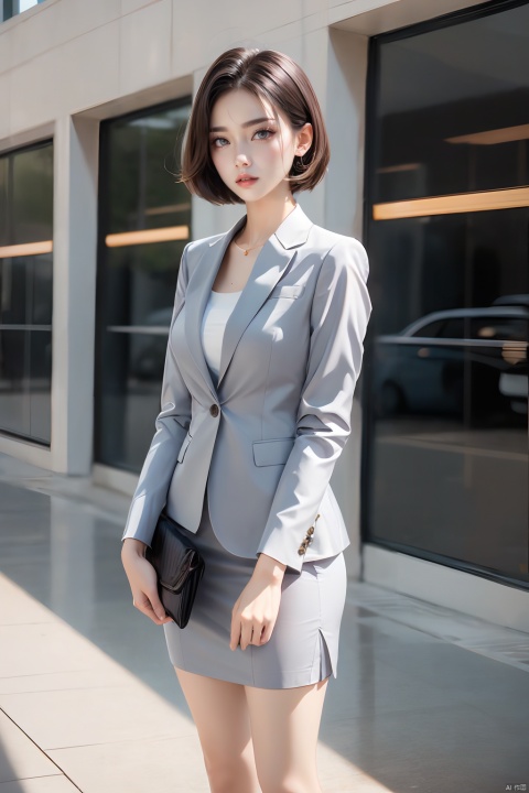 A girl, in a suit, short white hair, HD photography, HD 16K, ((poakl))