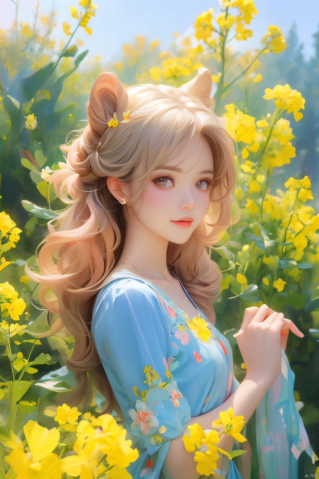  A sexy beauty with a bun, half-body portrait, standing in a sea of rapeseed flowers, charming eyes, sweet smile, surrounded by blooming yellow rapeseed flowers, forming a beautiful picture, high quality picture, full HD picture, 8K resolution, photorealistic, intricate details, sharp focus, vibrant colors, trending on ArtStation, trending on, Studio Ghibli, heart professional majestic oil painting, popular on DeviantArt, concept art, artwork, lvshui-green dress, Light master, (\meng ze\), watercolor \(medium\)