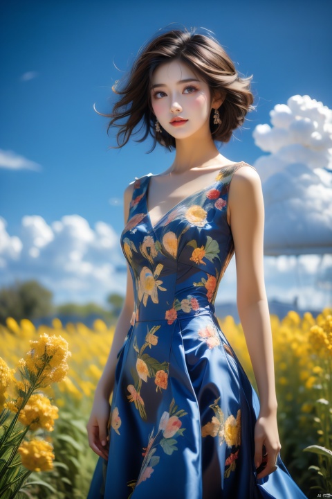  An elegant woman in a peacock-feather dress, short blonde hair, standing in a field of flowering rape flowers against a backdrop of blue skies and white clouds, her hair and the corners of her dress fluttering slightly in the breeze, in high-definition, famous artist, Master Light&#039;s art painting