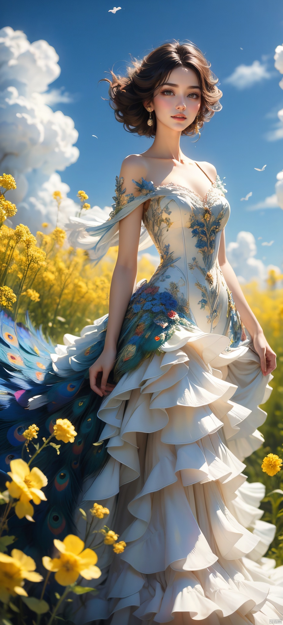  An elegant woman in a peacock-feather dress, short blonde hair, standing in a field of flowering rape flowers against a backdrop of blue skies and white clouds, her hair and the corners of her dress fluttering slightly in the breeze, in high-definition, famous artist, Master Light&#039;s art painting