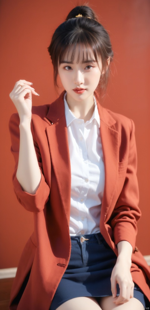  Outdoor scenery, girls, red wool coat, pretty face, short hair, blonde hair, (photo reality: 1.3) , Edge lighting, (high-detail skin: 1.2) , 8K Ultra HD, high quality, high resolution, the best ratio of four fingers and thumb, (photo reality: 1.3) , wearing a red coat, white shirt inside, large breasts, hand-held rape flower, solid background, solid red background, advanced feeling, texture full, 1 girl, Xiqing, HZT, Xiaxue, dongy, a girl, magic eyes, black 8d smooth stockings, 1 girl, Xiqing, HSZT, (Mengze), 1girl