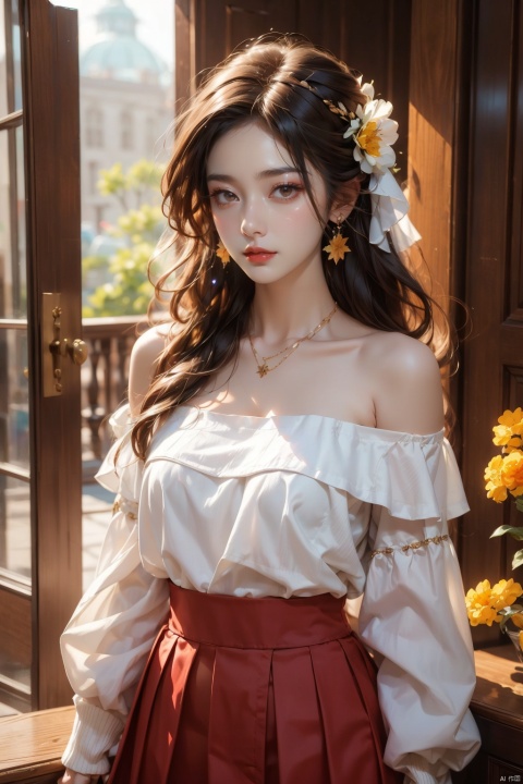  1 girl, jewelry, solo, earrings, long hair, forehead markings, black hair, necklace, bare shoulders, flowers, red lips, hair flowers, upper body, skirt, off shoulder, facial markings, head down, makeup, lips, candles, collarbones, long sleeves, tears streaming down, crying, Tyndall effect, 8k, large aperture, masterpiece of the century, sit, maple leaf, doorway, corridor, Sun on face, (\meng ze\)