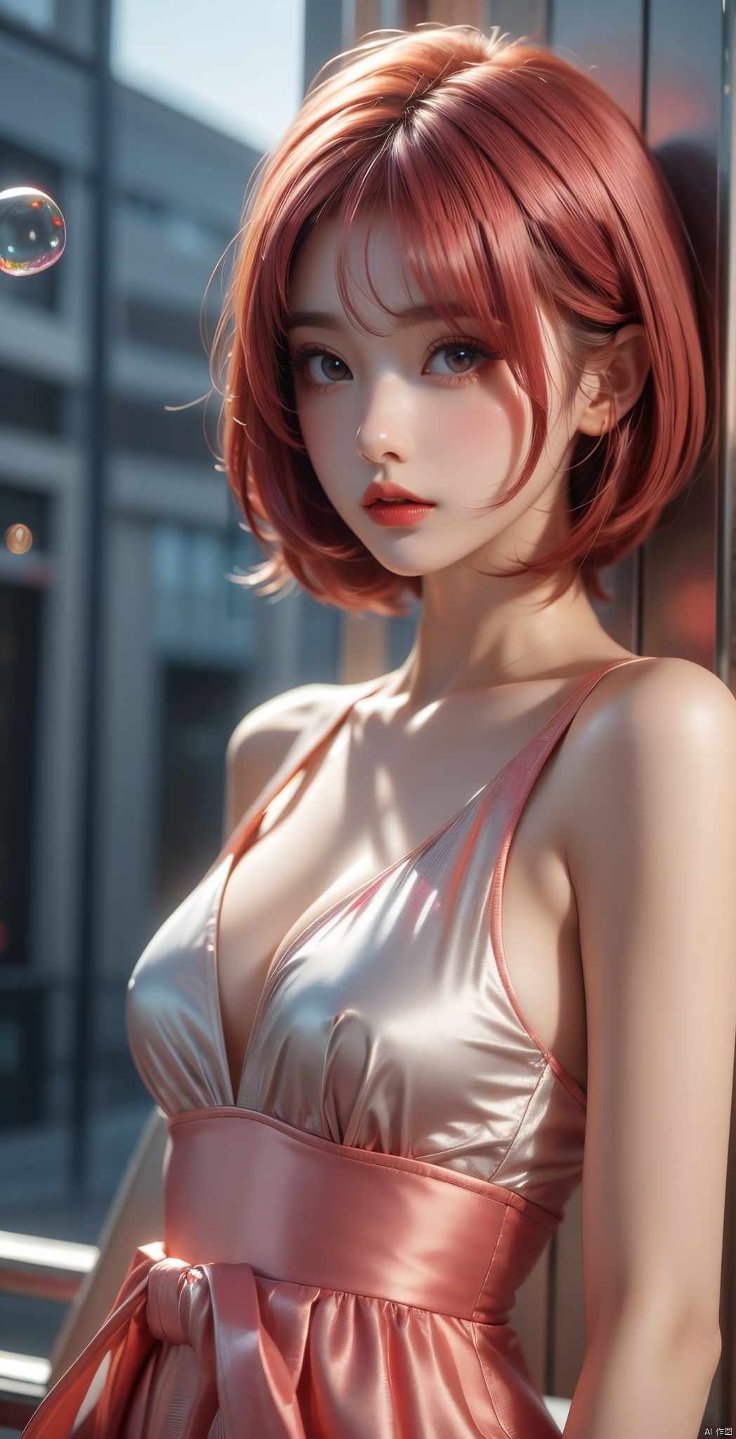  1girl, solo, breasts, looking at viewer, short hair, bangs, medium breasts, closed mouth, upper body, pink hair, multicolored hair, blunt bangs, orange hair, lips, grey eyes, makeup, realistic, (\meng ze\), Light master,bubble