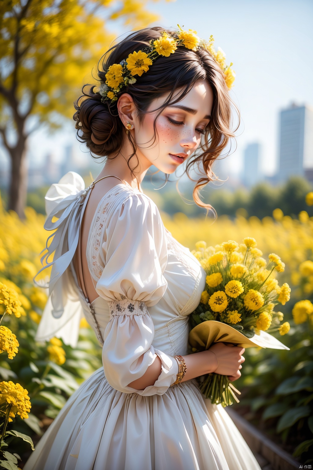 1girl, Freckles,solo, black hair, hair ornament, long sleeves, dress, holding, jewelry, closed mouth, closed eyes, upper body, flower, earrings, outdoors, day, hair flower, medium hair, white dress, blurry, from side, lips, blurry background, bouquet, yellow flower, holding flower, head wreath, holding bouquet, 1girl