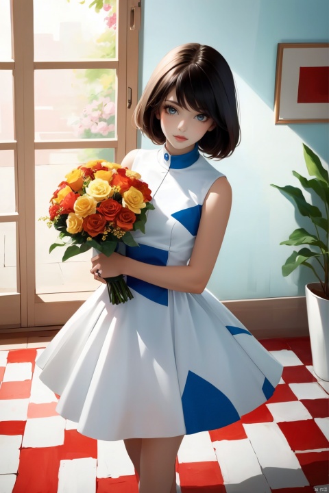  A young girl standing in an interior room, wearing a bright and colorful outfit, holding a bouquet of vibrant flowers. The walls are adorned with abstract geometric patterns, and the floor is covered with colorful carpets. Sunlight streams in through the windows, bringing warmth and vitality to the entire room. High-resolution image, trending on Pinterest, vibrant colors, bold patterns, mid-century modern style, Memphis design, pop art influence, cheerful atmosphere, pastel colors, close-up shot, professional photography, by Kelly Wearstler, Jonathan Adler, David Hicks., sd_mai, 1girl