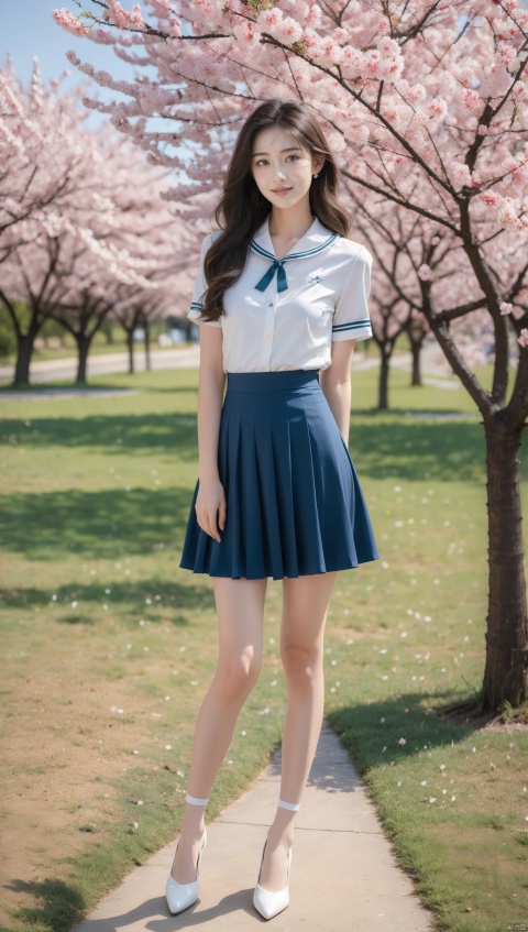 Best Quality, Super High Resolution, a girl (full body photo,) outdoors, white clothes, blue skirt, JK uniform, uniform, full chest, long legs, long hair fluttering, cherry blossom background, blue sky, White Clouds, breeze, turn your face sideways and look to the side, tutututu, lvshui-green dress