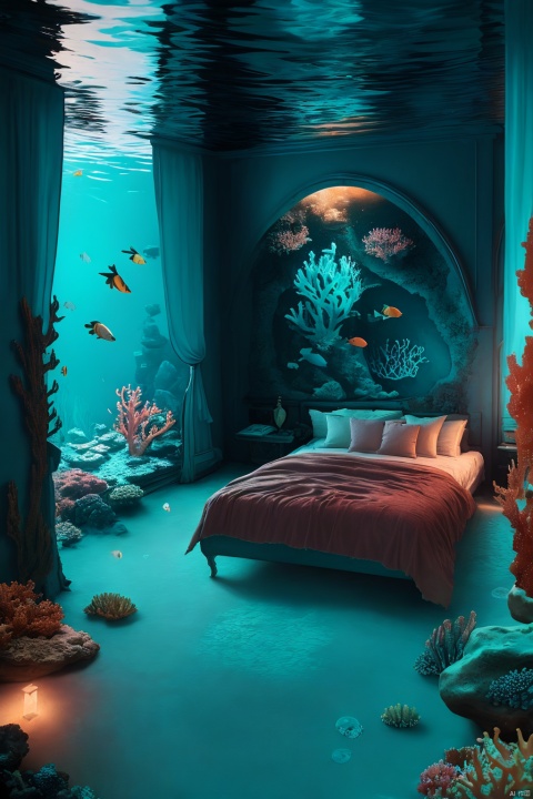 A luxurious bedroom located under the sea, surrounded by colorful corals and tropical fish, with a large bed covered in silk sheets. The walls of the bedroom are made of transparent crystal, allowing the outside marine life to swim freely. The whole scene is filled with mystery and a dreamy atmosphere. High quality, high resolution, sharp focus, photorealistic painting art by midjourney and greg rutkowski.