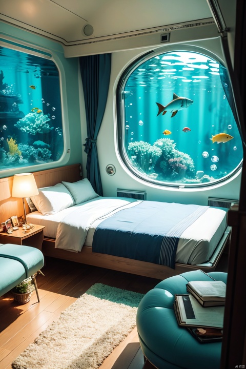  indoors, no humans, window, ground vehicle, scenery, fish, bubble, underwater, air bubble, train interior