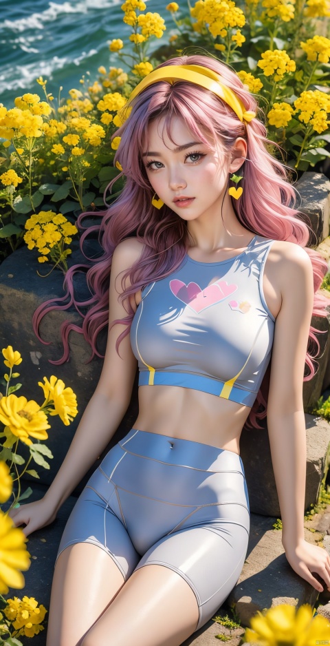  1 girl, (light gray yoga suit) , multi-colored hair, pink hair, butterfly headband, white electric sports headset, (rape flower) , sea of flowers, body, lie down, navel, white transparent skin, seen from above, represented by Hearts, decorated with blue hearts, using lots of hearts, using lots of blue hearts as background, using lots of yellow, using lots of yellow flowers, soft light, masterpiece, best quality, 8K, HDR, flowers