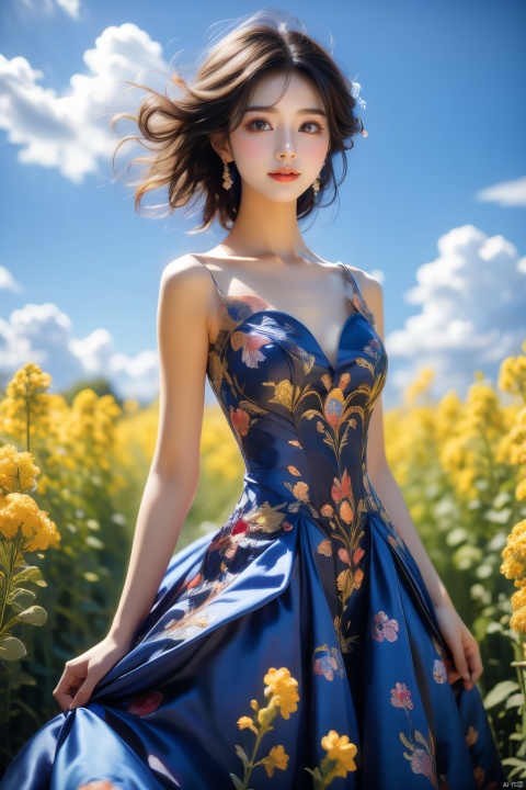  An elegant woman in a peacock-feather dress, short blonde hair, standing in a field of flowering rape flowers against a backdrop of blue skies and white clouds, her hair and the corners of her dress fluttering slightly in the breeze, in high-definition, famous artist, Master Light&#039;s art painting