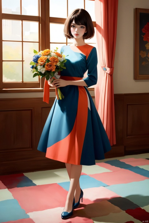 A young girl standing in an interior room, wearing a bright and colorful outfit, holding a bouquet of vibrant flowers. The walls are adorned with abstract geometric patterns, and the floor is covered with colorful carpets. Sunlight streams in through the windows, bringing warmth and vitality to the entire room. High-resolution image, trending on Pinterest, vibrant colors, bold patterns, mid-century modern style, Memphis design, pop art influence, cheerful atmosphere, pastel colors, close-up shot, professional photography, by Kelly Wearstler, Jonathan Adler, David Hicks., sd_mai, 1girl