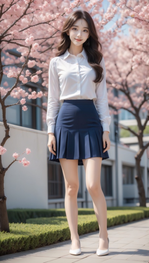 Best Quality, Super High Resolution, a girl (full body photo,) outdoors, white clothes, blue skirt, JK, uniform, long hair fluttering, cherry blossom background, Blue Sky White Clouds, breeze, side face, looking to the side