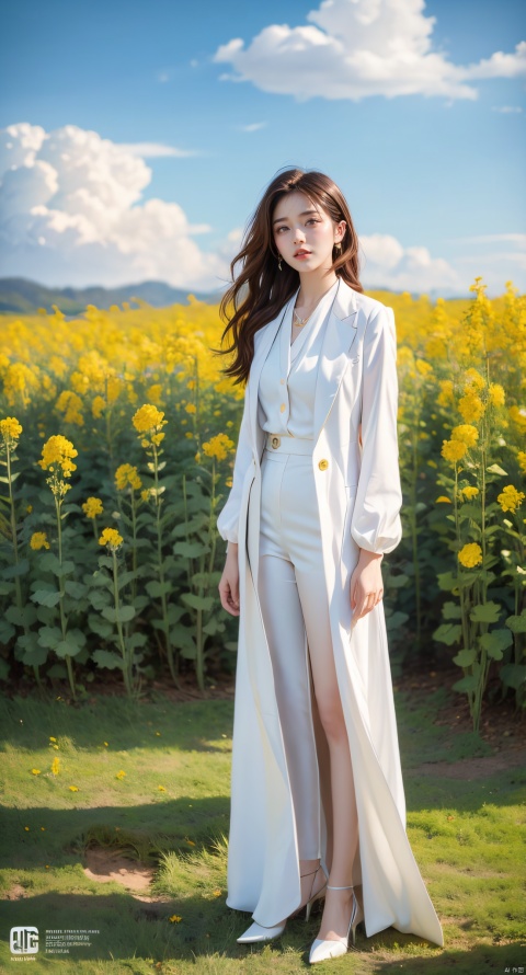 An elegant woman, dressed in an orange suit with wavy hair, stood in a field of flowering rape flowers against a background of blue sky and white clouds. The Breeze made the corners of her clothes and hair flutter slightly, famous artist, Master of light art painting, high definition photography, cover design