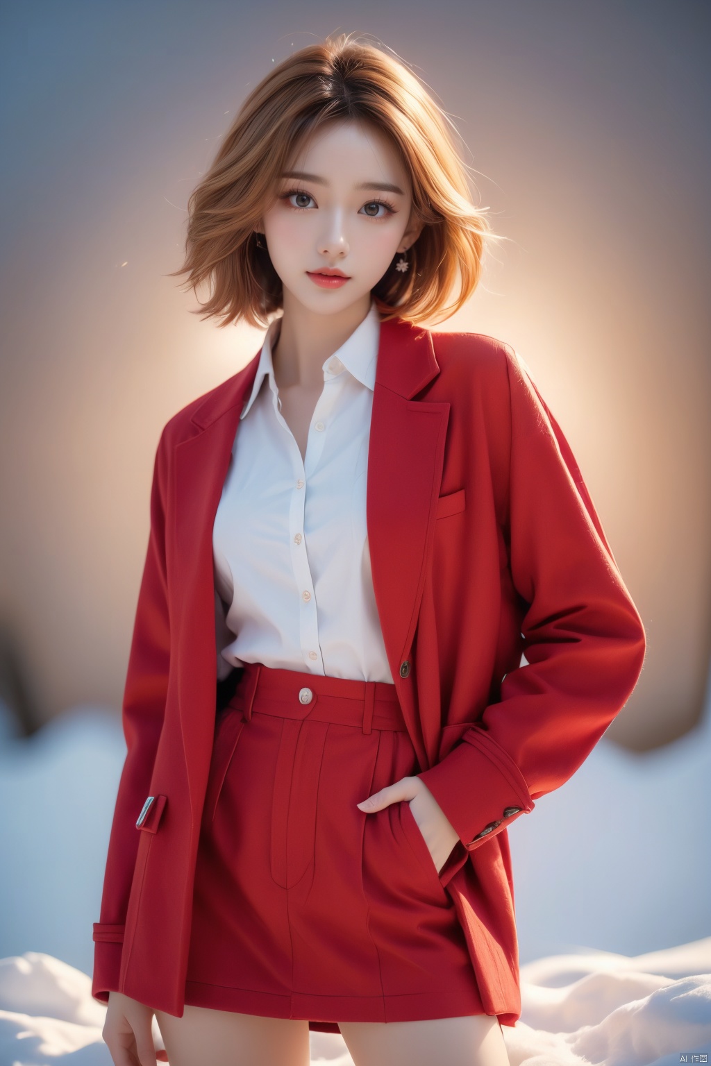  Outdoor scenery, snow view, Snow Mountain, girl, red wool coat, pretty face, short hair, blonde hair, (photo reality: 1.3) , Edge lighting, (high detail skin: 1.2) , 8K Ultra HD, high quality, high resolution, the best ratio of four fingers and a thumb, (photo reality: 1.3) , wearing a red coat, white shirt inside, big chest, solid color background, solid red background, advanced feeling, texture full, 1 girl, Xiqing, HSZT, Xiaxue, dongy, a girl, magic eyes, black 8d smooth stockings, 1girl, sd_mai, xiqing, tm, ((poakl flower style))