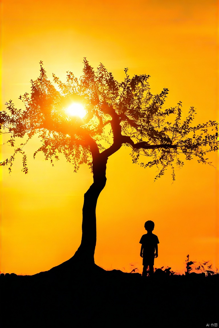 唯美风景,户外,夕阳西下,巨大的古树,小男孩站在树上看向远方,逆光,剪影,暖色调,