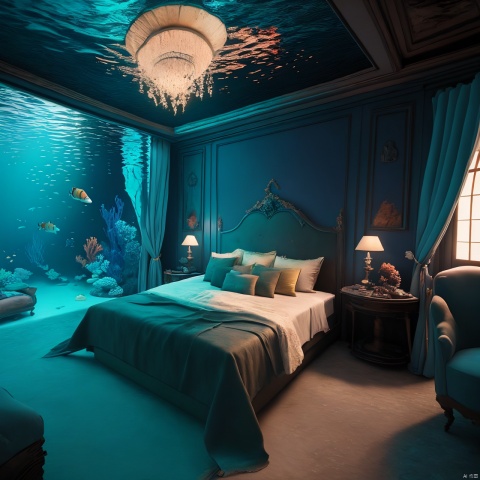 A luxurious bedroom located under the sea, surrounded by colorful corals and tropical fish, with a large bed covered in silk sheets. The walls of the bedroom are made of transparent crystal, allowing the outside marine life to swim freely. The whole scene is filled with mystery and a dreamy atmosphere. High quality, high resolution, sharp focus, photorealistic painting art by midjourney and greg rutkowski.