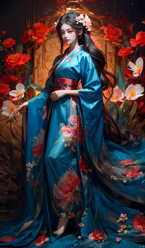  high detail,best quality,wallpaper,beautiful lighting,overexposure,neon palette,from below,full body,1girl,orchid fingers,illustration,best quality,masterpiece,chinese clothes, hanfu,kimono,hair strand,expressive hair,colored inner hair,shiny hair, spider lily, long hair,jewelry, flower, butterfly, hair ornament, solo, long hair, forehead mark, bouquet, white hair, holding,red eyes,look at the viewer ,firefly, 1girl, (\meng ze\), Light master