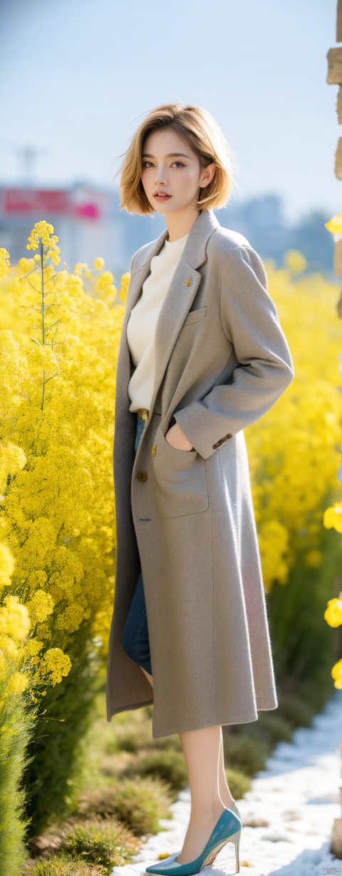 A woman in a red tweed coat, short blonde hair, standing gracefully among canola flowers, snowflakes falling from the sky, snowflakes covering the earth, thick snow, a high-definition photo, an elegant woman, long coat, blond hair, long legs, bare legs, high heels, standing in a rape field, snowflakes falling, Snowflakes falling to the ground, this photo was taken by Greigg Ruttkowski at Artstation