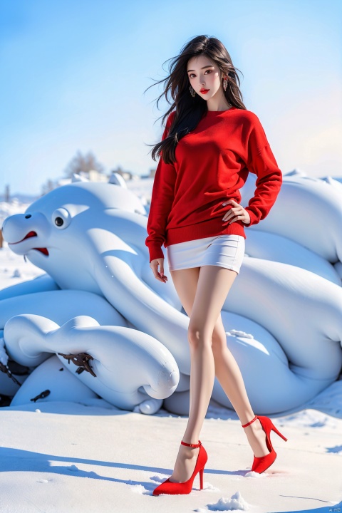  Full-body photos of a girl, red sweater, bare long legs, high heels, winter, realism, HD 16K, snow, winter, 1girl,high_heels,underwear