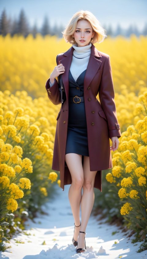 A woman in a red tweed coat, short blonde hair, standing gracefully among canola flowers, snowflakes falling from the sky, snowflakes covering the earth, thick snow, a high-definition photo, an elegant woman, wearing a long coat, blonde hair, long legs, bare legs, high heels, standing in the rape field, snowflakes falling, Snowflakes falling on the ground, this photo was taken at Artstation by Greigg Ruttkowski, a photographic realist painting by Midtrip.