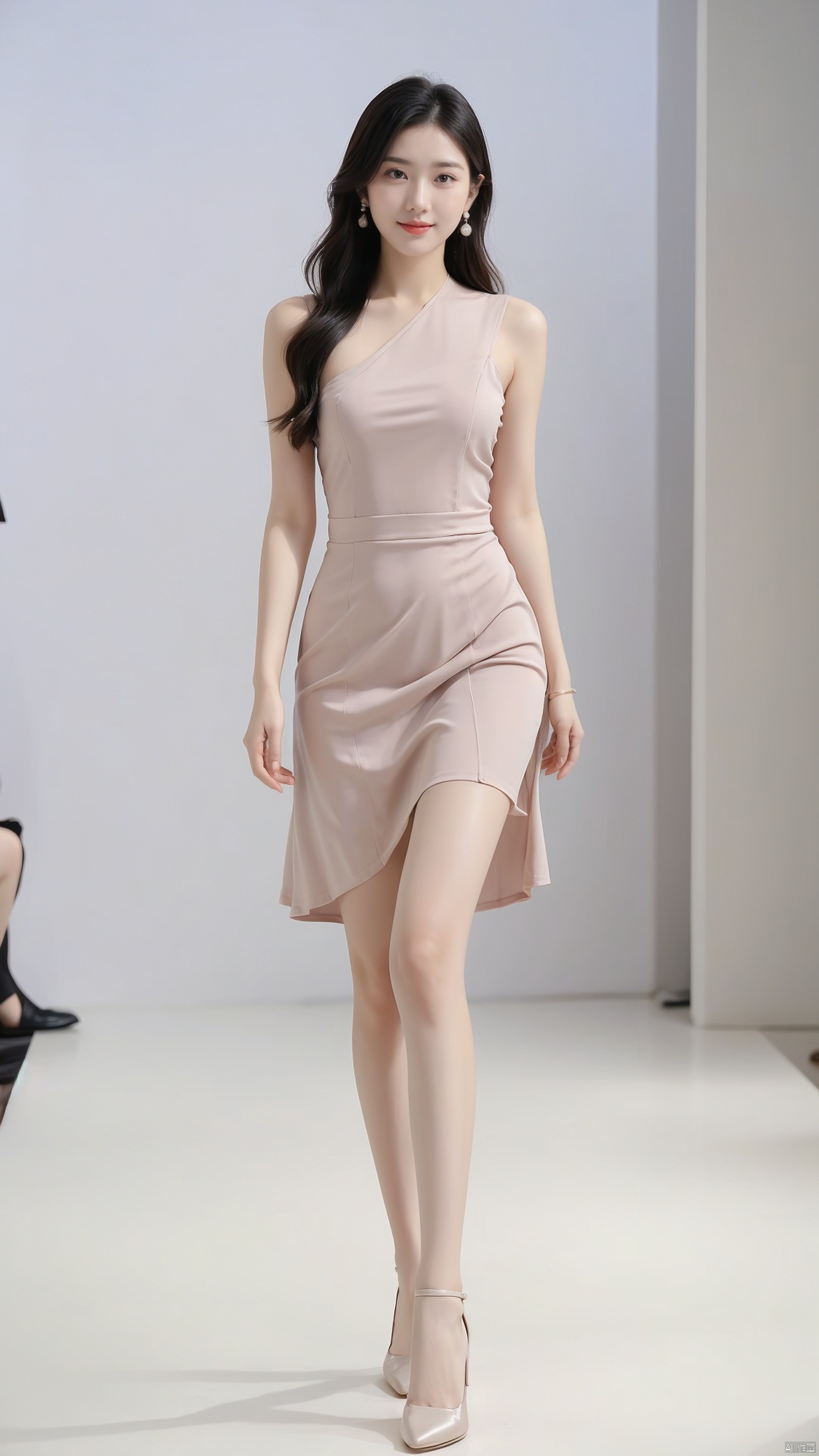  1girl, solo, long_hair, looking_at_viewer, black_hair, dress, brown_eyes, jewelry, standing, full_body, pantyhose, earrings, solo_focus, Models walked on the gorgeous catwalk,white_dress, high_heels, realistic, Light master