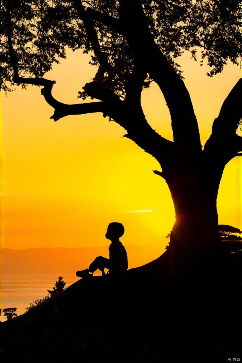 唯美风景,户外,夕阳西下,巨大的古树,小男孩坐在树上看向远方,逆光,剪影,暖色调,