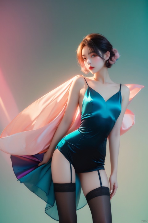  (Masterpiece, Best Picture Quality, High Definition Photo, 8k),Girl,Short Hair,(Blue and Cyan and Pink | Silk Stockings, Gradient:1.2),Warm Tone,Studio,Supplementary Light, ((poakl))