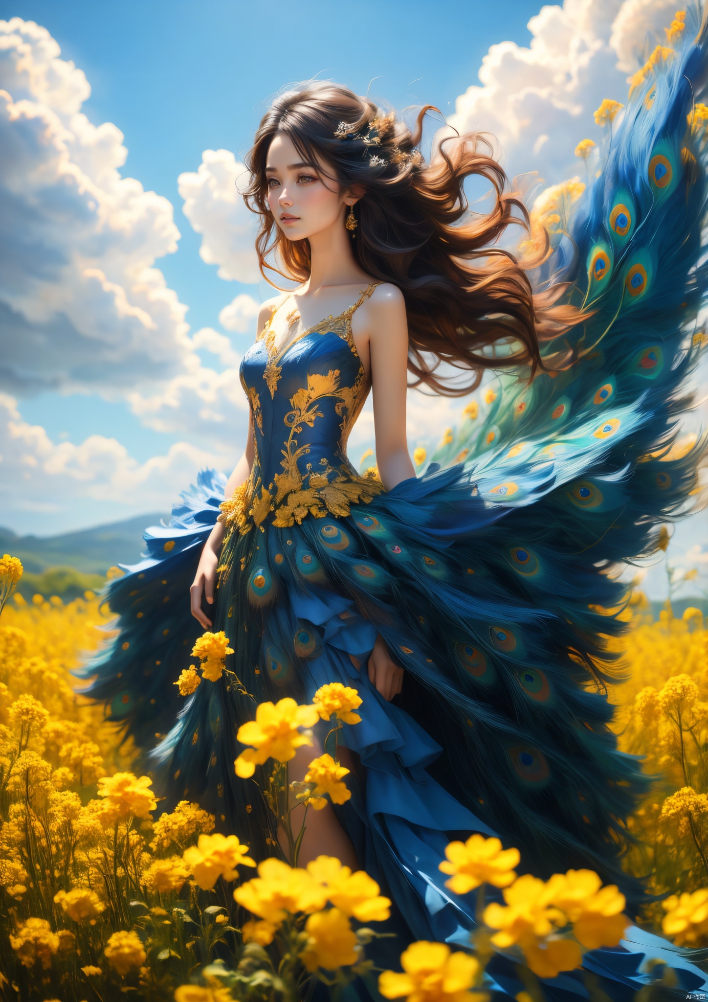  A girl wearing a peacock blue dress standing in the golden rapeseed flower field, her hair gently swaying in the breeze, bathed in sunlight, making her look like a fairy. Behind her is an endless sea of rapeseed flowers, with blue skies, white clouds, and rolling hills in the distance. High-definition photo of a girl in a peacock-blue dress standing in a rapeseed flower field, with long hair fluttering in the wind, bathed in golden sunlight, looking like a fairy, with a vast sea of rapeseed flowers, blue sky, white clouds, and rolling hills in the background. Sharp focus, high-quality picture, dramatic, photorealistic painting art by midjourney and greg rutkowski., Light master