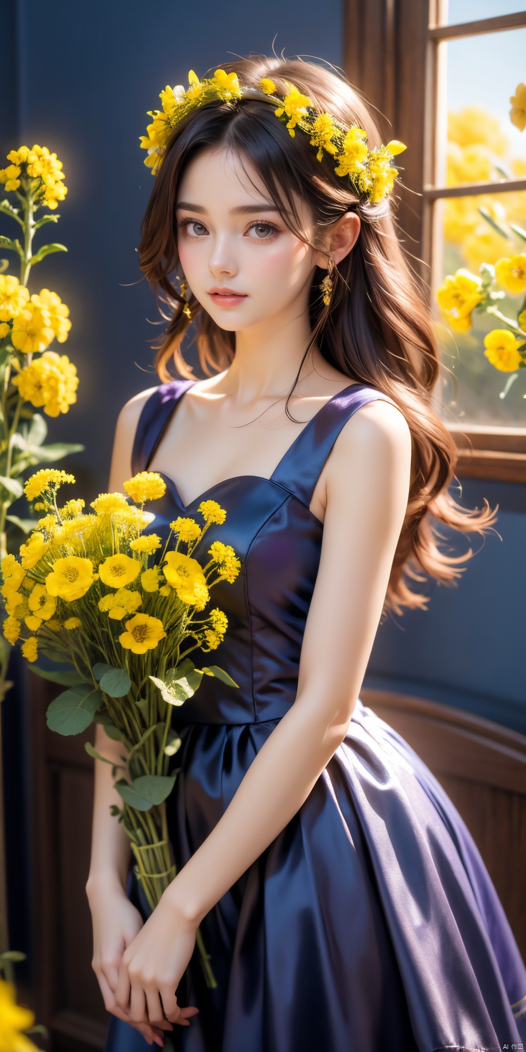 A beautiful young woman taking indoor photoshoot, wearing a flower crown made of various fresh flowers, holding a bouquet of bright rapeseed flowers. Standing in front of a pure purple-blue background, illuminated by soft and professional movie-level lighting that enhances her charm and the beauty of the flower crown. High-definition photo of the most beautiful artwork in the world featuring a girl with a flower crown and rapeseed flowers, indoor, soft light, trending on Unsplash, Purple Blue background, cinematic lighting, intricate, high detail, sharp focus, dramatic, photorealistic painting art by midjourney and greg rutkowski.