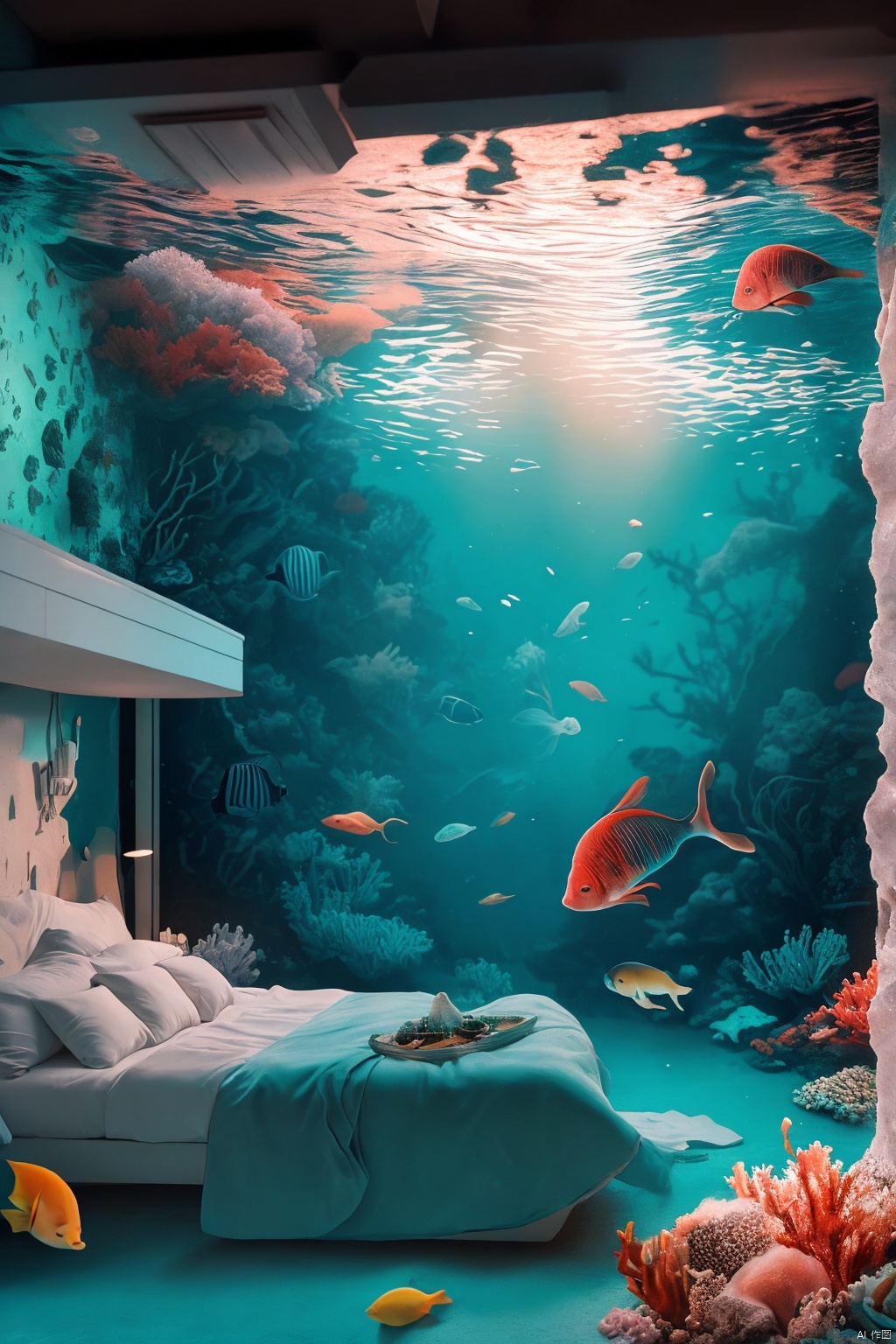 A luxurious bedroom located under the sea, surrounded by colorful corals and tropical fish, with a large bed covered in silk sheets. The walls of the bedroom are made of transparent crystal, allowing the outside marine life to swim freely. The whole scene is filled with mystery and a dreamy atmosphere. High quality, high resolution, sharp focus, photorealistic painting art by midjourney and greg rutkowski.