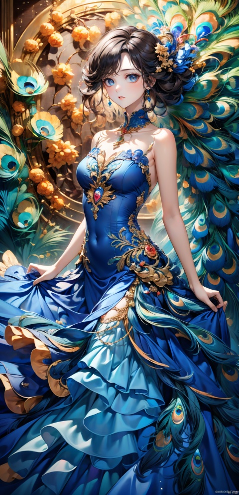  Masterpiece, best quality, bust, a girl, Peacock princess, blue dress, exquisite face, sexy, white skin, medium chest, HD photography, (Peacock) , ((poakl)), 1girl,moyou, Light master