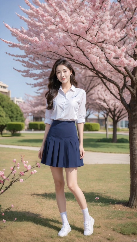 Best Quality, Super High Resolution, a girl (full body photo,) outdoors, white clothes, blue skirt, JK uniform, uniform, full chest, long legs, long hair fluttering, cherry blossom background, blue sky, White Clouds, breeze, turn your face sideways and look to the side