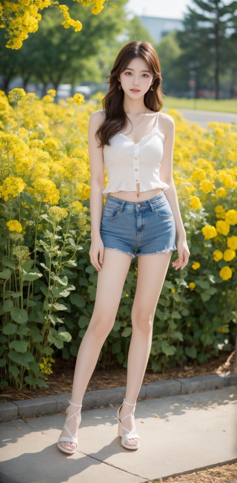 Full-body photos of a girl, realism, HD 16K, sexy short jeans, bare long legs, light, HD photography, masterpieces, details enhanced, delicate face, outdoors, rape flowers, flowers