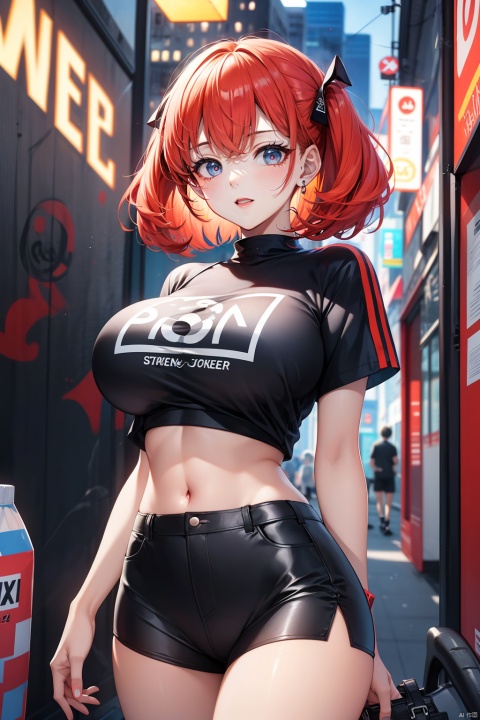  front, illustration, best quality, ultra-detailed, super detailed skin,cute, lovely, extremely detailed,8K,solo,1girl, detailed background,urban, night,dynamic angle,beautiful eyes,blash,smile,(streetwear:1.5),street style ,(emphasis splatter ),splatter,graffiti,spraycan,motion,navel,(croptop:0.8),(ear piercing:0.7),two-tone hair color,(cool),(HDR:1),wind
,(jitome:1.2),perfect hand,active,RETRO ART STYLE, NEON_POP ART STYLE, ART STYLE, hands behind back, yunqing, newspaper,(large breasts:1.5)