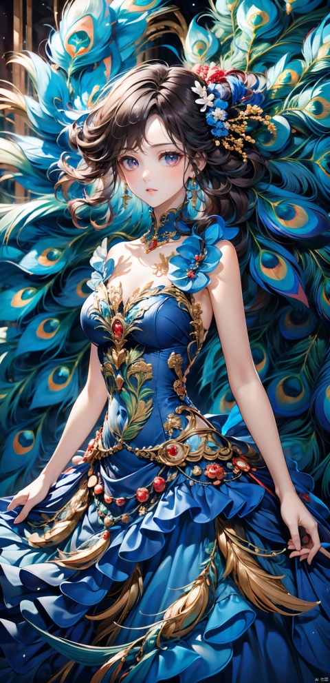  Masterpiece, best quality, bust, a girl, Peacock princess, blue dress, exquisite face, sexy, white skin, medium chest, HD photography, (Peacock) , ((poakl)), 1girl,moyou, Light master