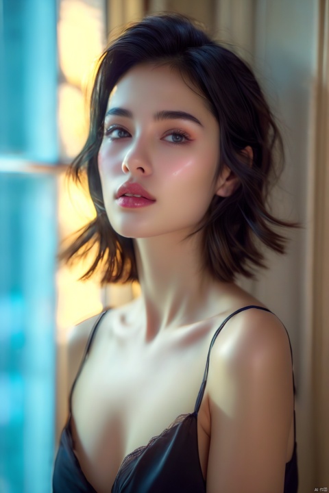  (RAW photo, best quality), (realistic, photo-realistic:1.2), 1girl,middle breasts,Cleavage,undergarments,Upper body, high quality, (high detailed skin:1.4), puffy eyes, gorgeous hair, (dark room:1.3), (rim lighting:1.3), (dimly lit:1.3), (dark night:1.3), indoors, portrait, black hair, dark background, short hair, 1 girl, ((poakl)),closed mouth,missionary, ((poakl)), Purity Portait