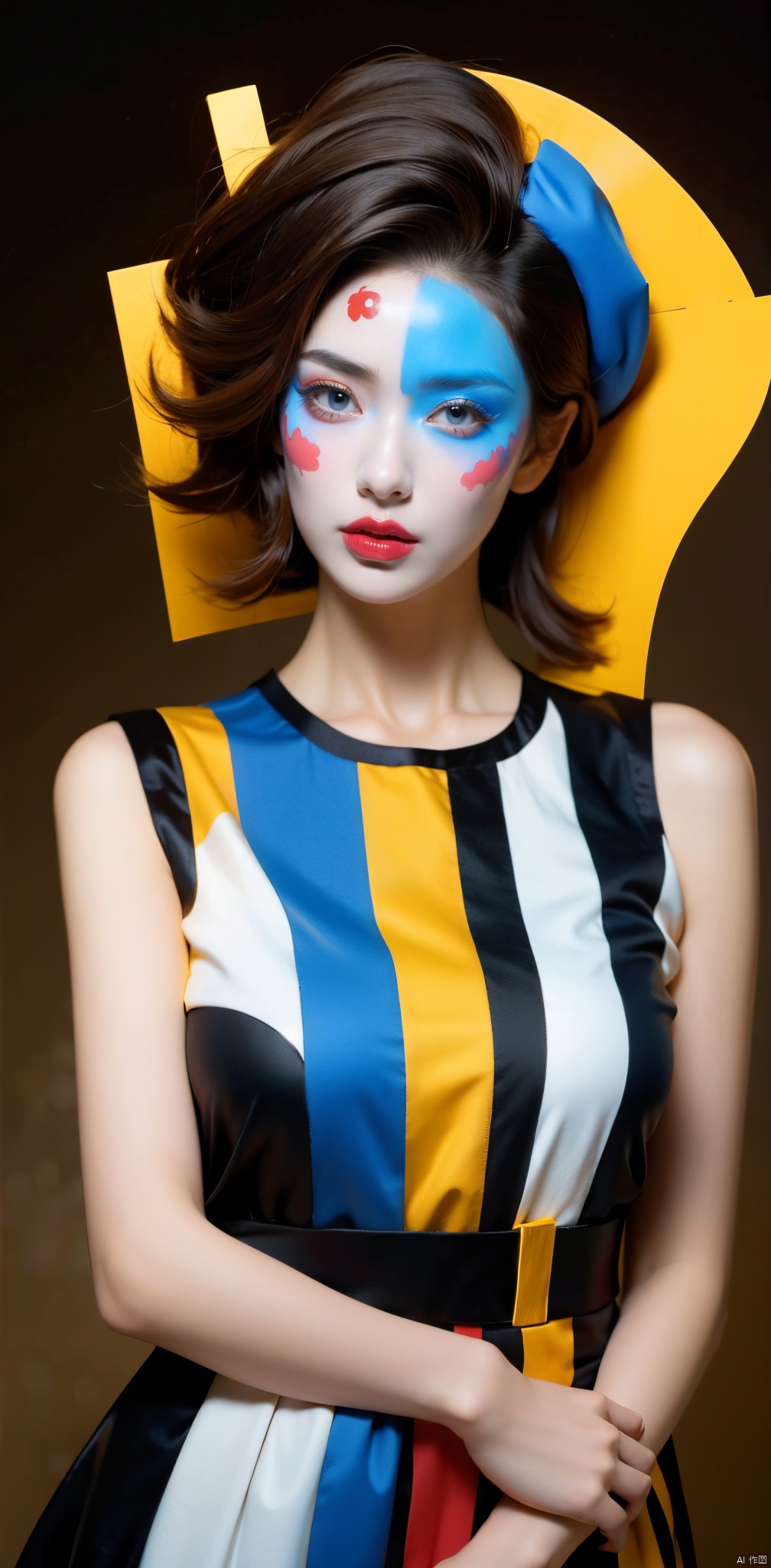  1girl, solo, looking at viewer, blue eyes, hat, upper body, lips, makeup, colored skin, facial mark, lipstick, multicolored clothes, red lips, facepaint, jester cap, colorful, multicolored headwear, clown, Light master, xiqing