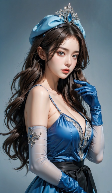  1girl,big breasts,1girl, solo, gloves, dress, long hair, elbow gloves, blue dress, looking at viewer, brown eyes, brown hair, blue gloves, lips, bare shoulders, realistic, upper body, parted lips, black hair, collarbone, hat, grey background,