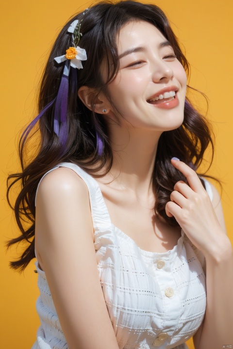 raiden shougn, purple hair, closed eyes, a girl laughing, open mouth, with an orange background, portrait